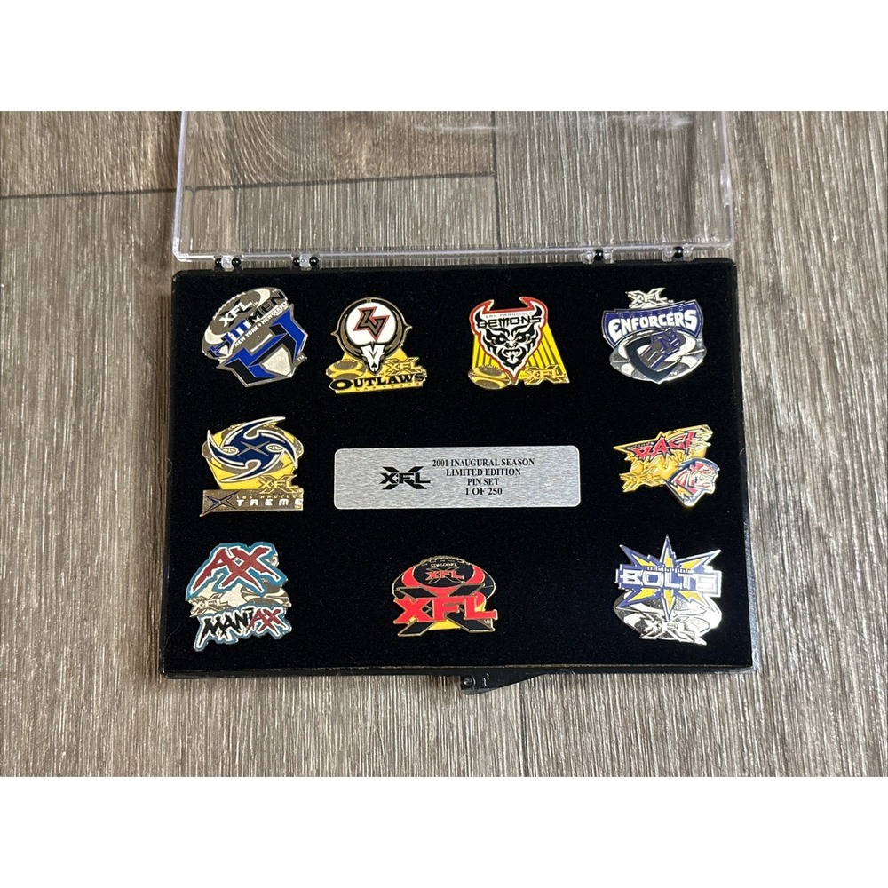 XFL 2001 Inaugural Season Limited Edition HTF Pin Set In Display Case Lapel Pins